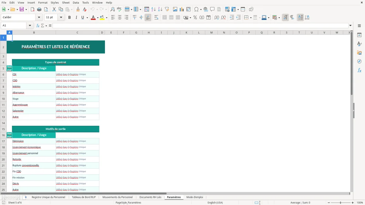Capture d'écran 5 : Feuille Paramètres - Modèle Excel registre unique personnel excel