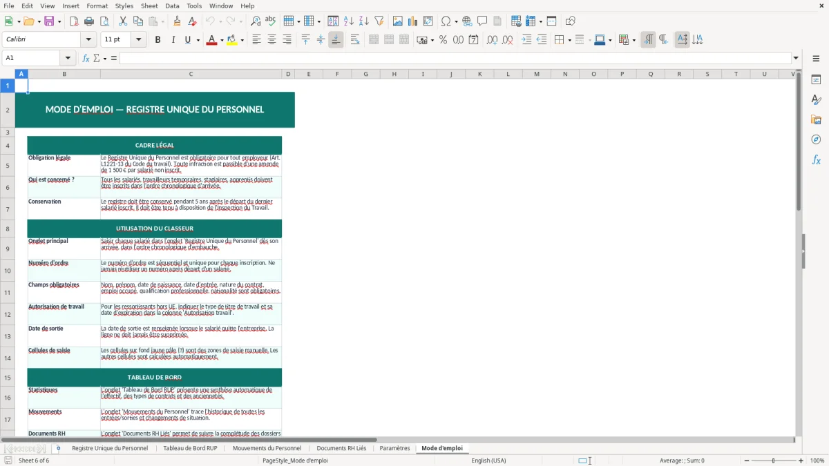 Capture d'écran 6 : Feuille Mode d'emploi - Modèle Excel registre unique personnel excel