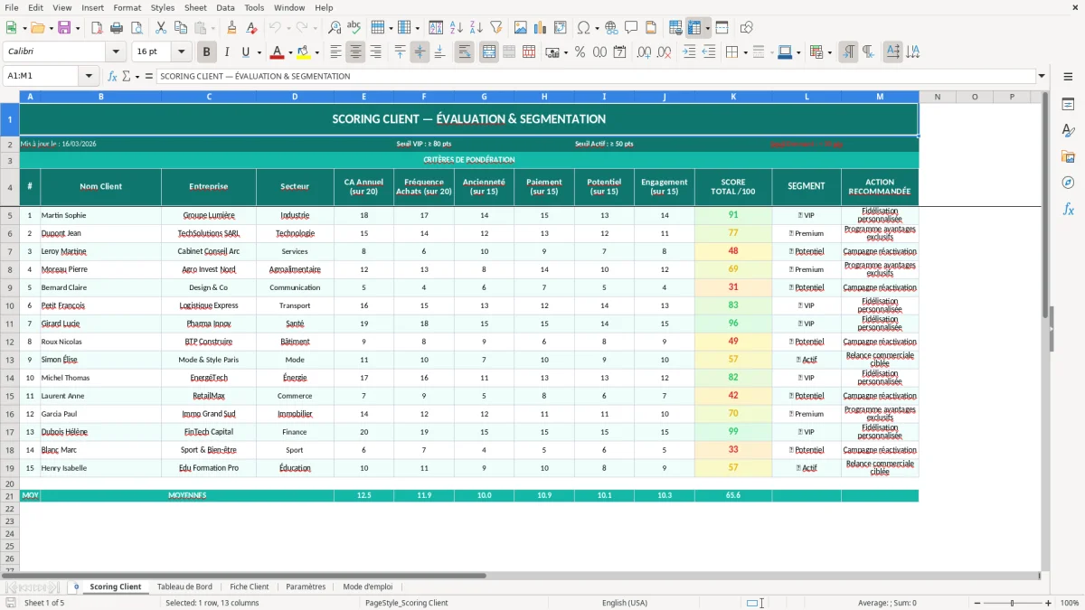 Capture d'écran 1 : Feuille Scoring Client - Modèle Excel scoring client excel