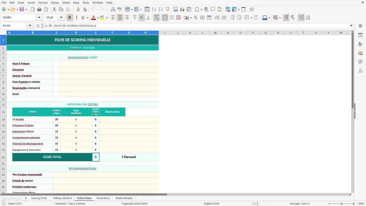 Capture d'écran 3 : Feuille Fiche Client - Modèle Excel scoring client excel