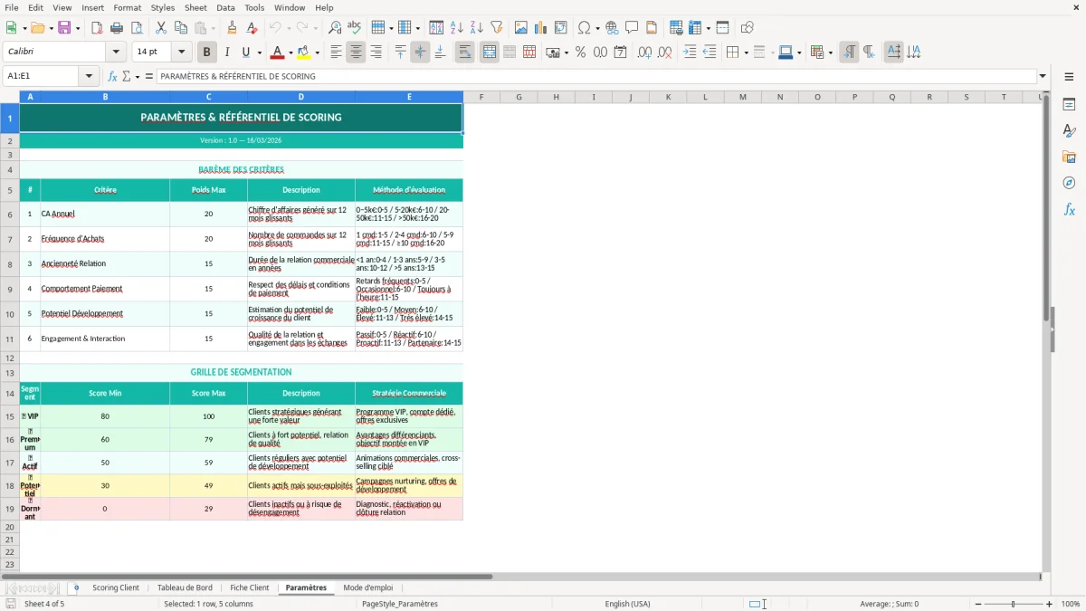 Capture d'écran 4 : Feuille Paramètres - Modèle Excel scoring client excel