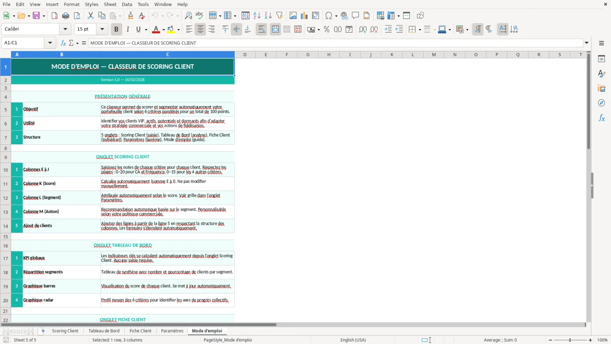 Capture d'écran 5 : Feuille Mode d'emploi - Modèle Excel scoring client excel