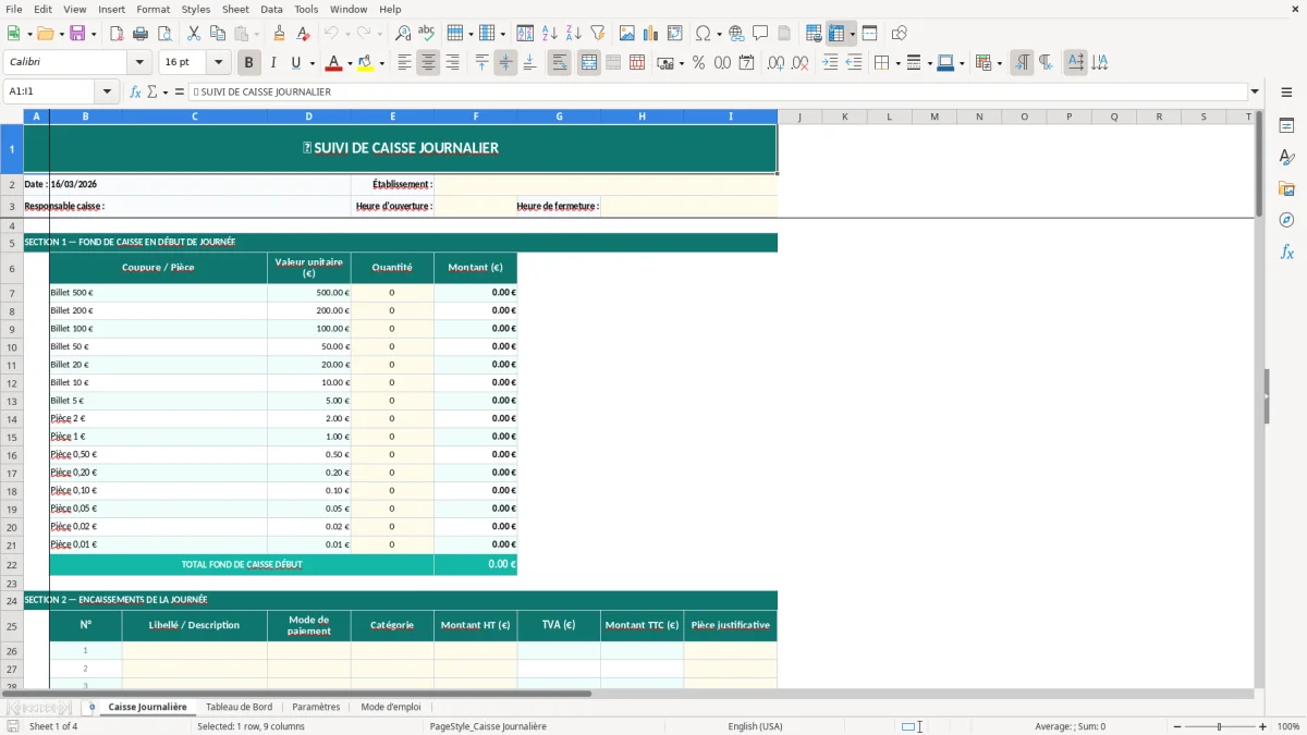 Capture d'écran 1 : Feuille Caisse Journalière - Modèle Excel suivi caisse journalier excel