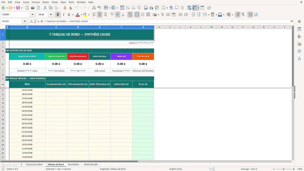Capture d'écran 2 : Feuille Tableau de Bord - Modèle Excel suivi caisse journalier excel