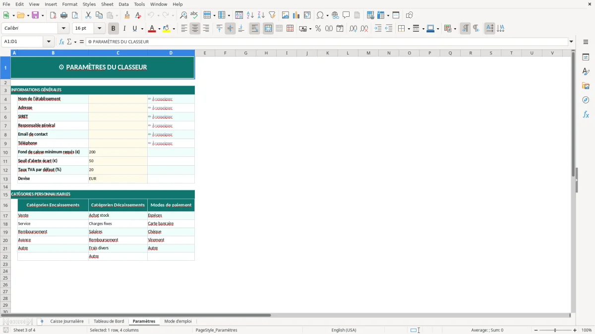 Capture d'écran 3 : Feuille Paramètres - Modèle Excel suivi caisse journalier excel