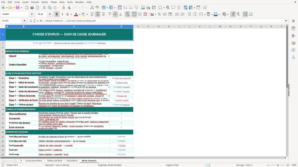 Capture d'écran 4 : Feuille Mode d'emploi - Modèle Excel suivi caisse journalier excel