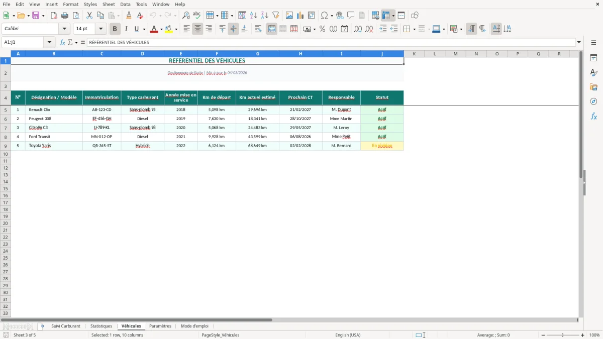 Capture d'écran 3 : Feuille Véhicules - Modèle Excel suivi consommation carburant excel