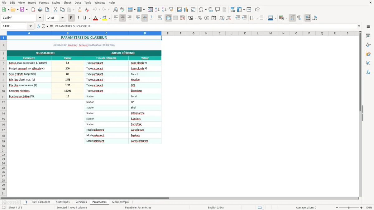 Capture d'écran 4 : Feuille Paramètres - Modèle Excel suivi consommation carburant excel