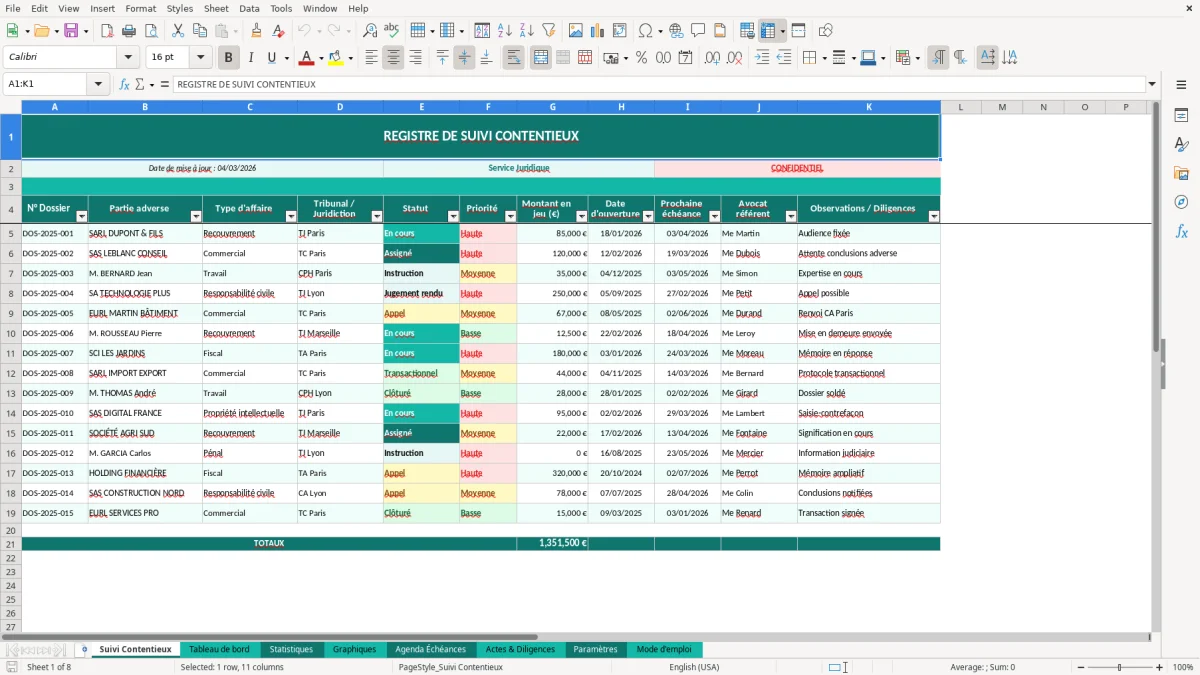 Capture d'écran 1 : Feuille Suivi Contentieux - Modèle Excel suivi contentieux excel
