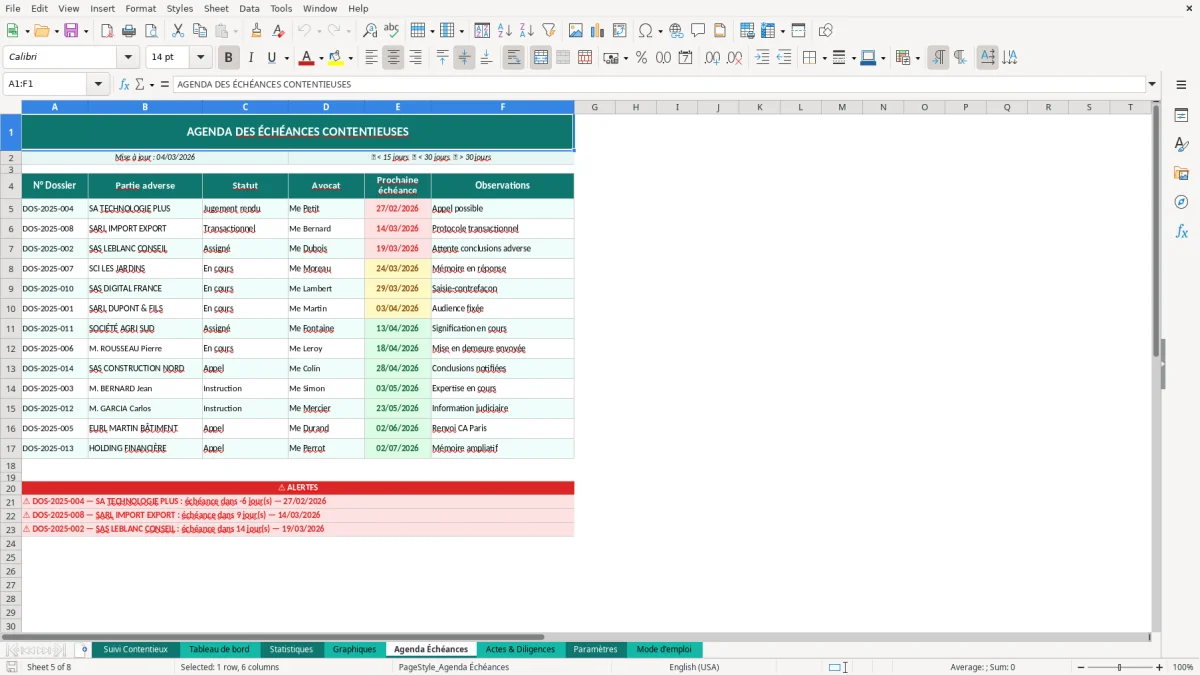 Capture d'écran 5 : Feuille Agenda Échéances - Modèle Excel suivi contentieux excel