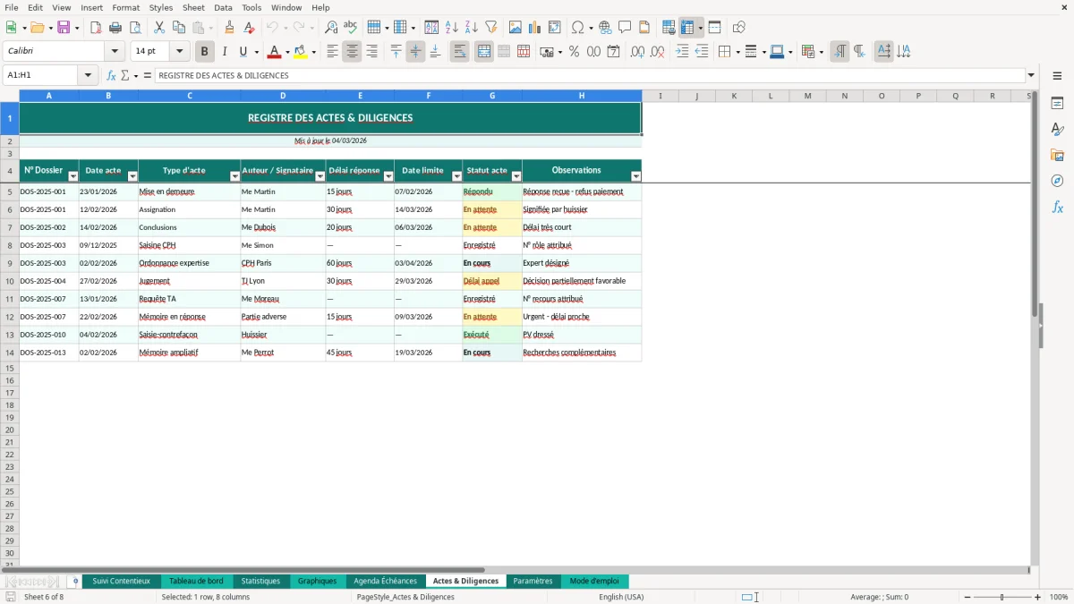 Capture d'écran 6 : Feuille Actes & Diligences - Modèle Excel suivi contentieux excel