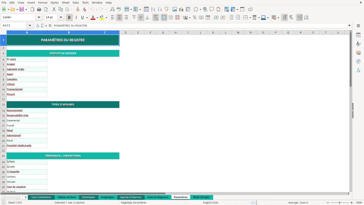 Capture d'écran 7 : Feuille Paramètres - Modèle Excel suivi contentieux excel