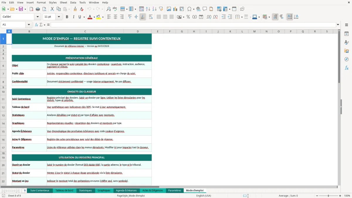 Capture d'écran 8 : Feuille Mode d'emploi - Modèle Excel suivi contentieux excel