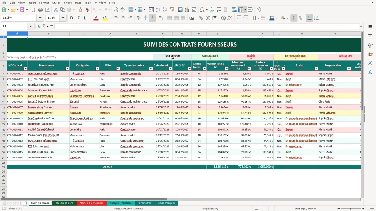 Capture d'écran 1 : Feuille Suivi Contrats - Modèle Excel suivi contrats fournisseurs excel