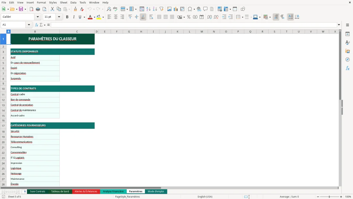 Capture d'écran 5 : Feuille Paramètres - Modèle Excel suivi contrats fournisseurs excel