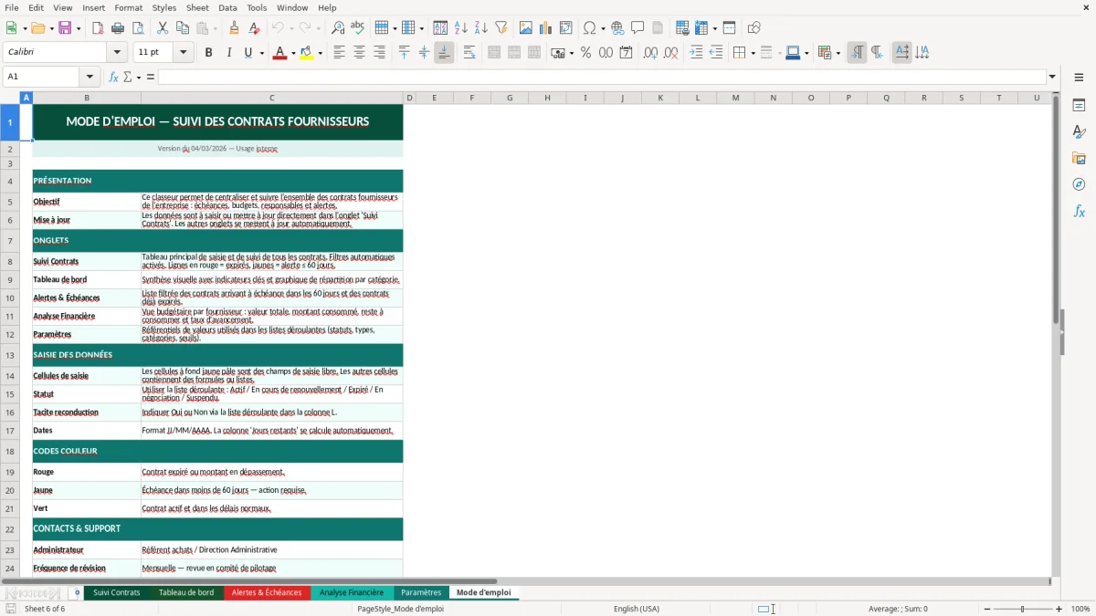 Capture d'écran 6 : Feuille Mode d'emploi - Modèle Excel suivi contrats fournisseurs excel