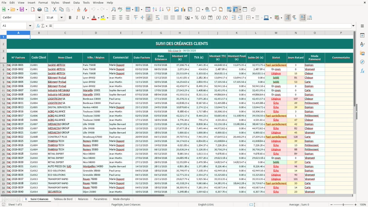 Capture d'écran 1 : Feuille Suivi Créances - Modèle Excel suivi créances clients excel
