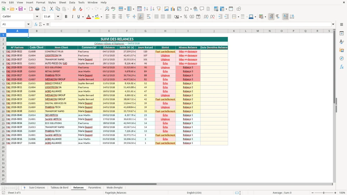Capture d'écran 3 : Feuille Relances - Modèle Excel suivi créances clients excel