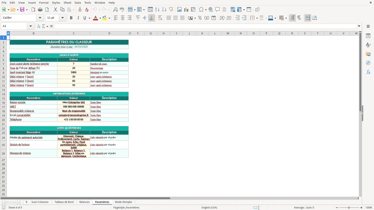 Capture d'écran 4 : Feuille Paramètres - Modèle Excel suivi créances clients excel