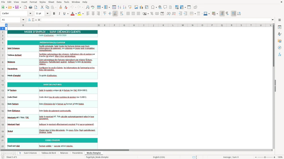 Capture d'écran 5 : Feuille Mode d'emploi - Modèle Excel suivi créances clients excel