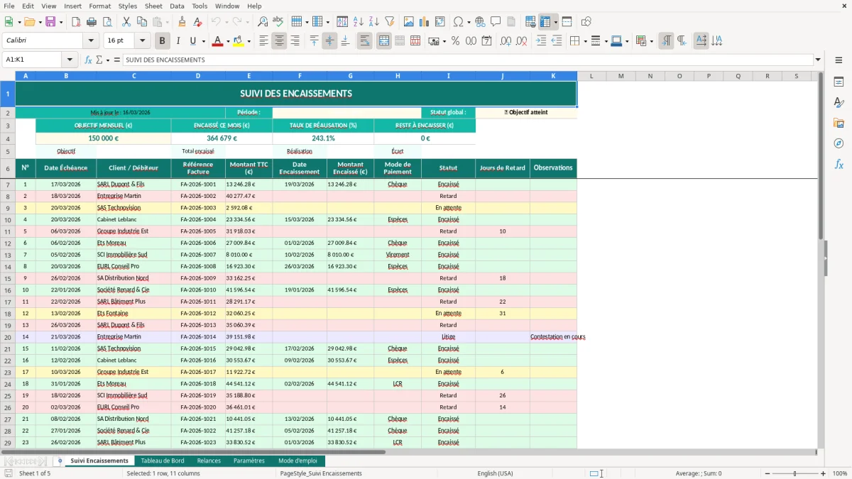 Capture d'écran 1 : Feuille Suivi Encaissements - Modèle Excel suivi encaissements excel