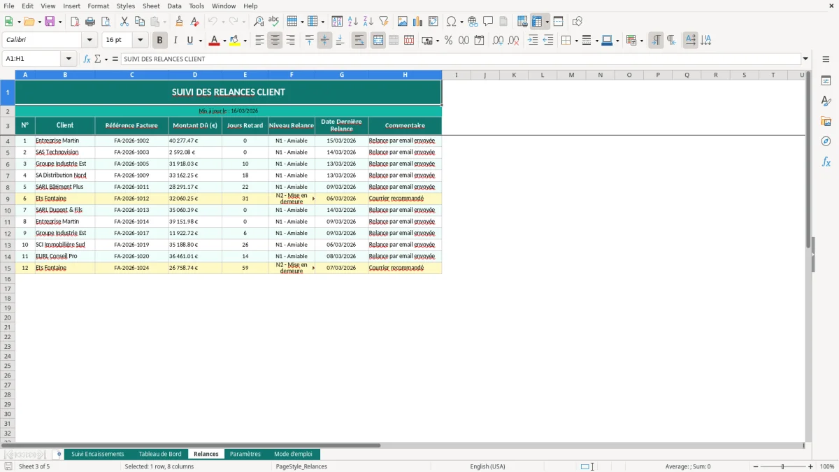 Capture d'écran 3 : Feuille Relances - Modèle Excel suivi encaissements excel