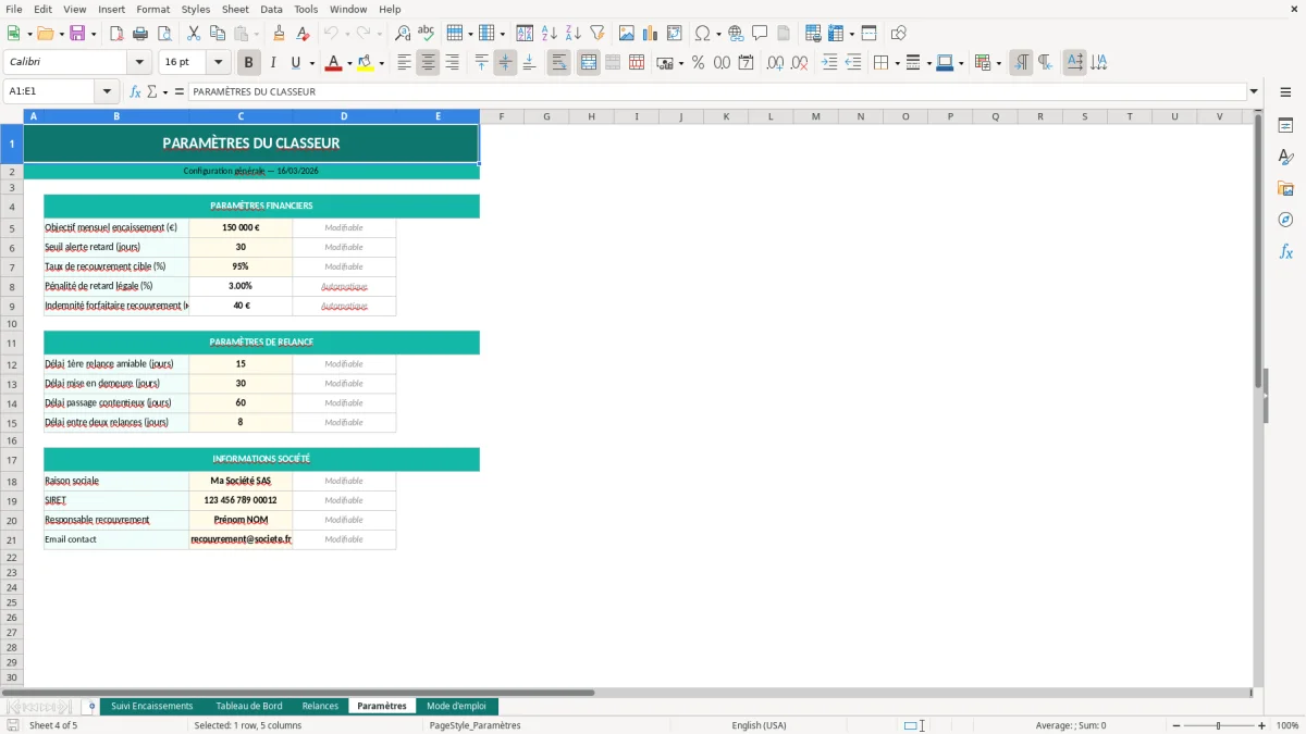 Capture d'écran 4 : Feuille Paramètres - Modèle Excel suivi encaissements excel