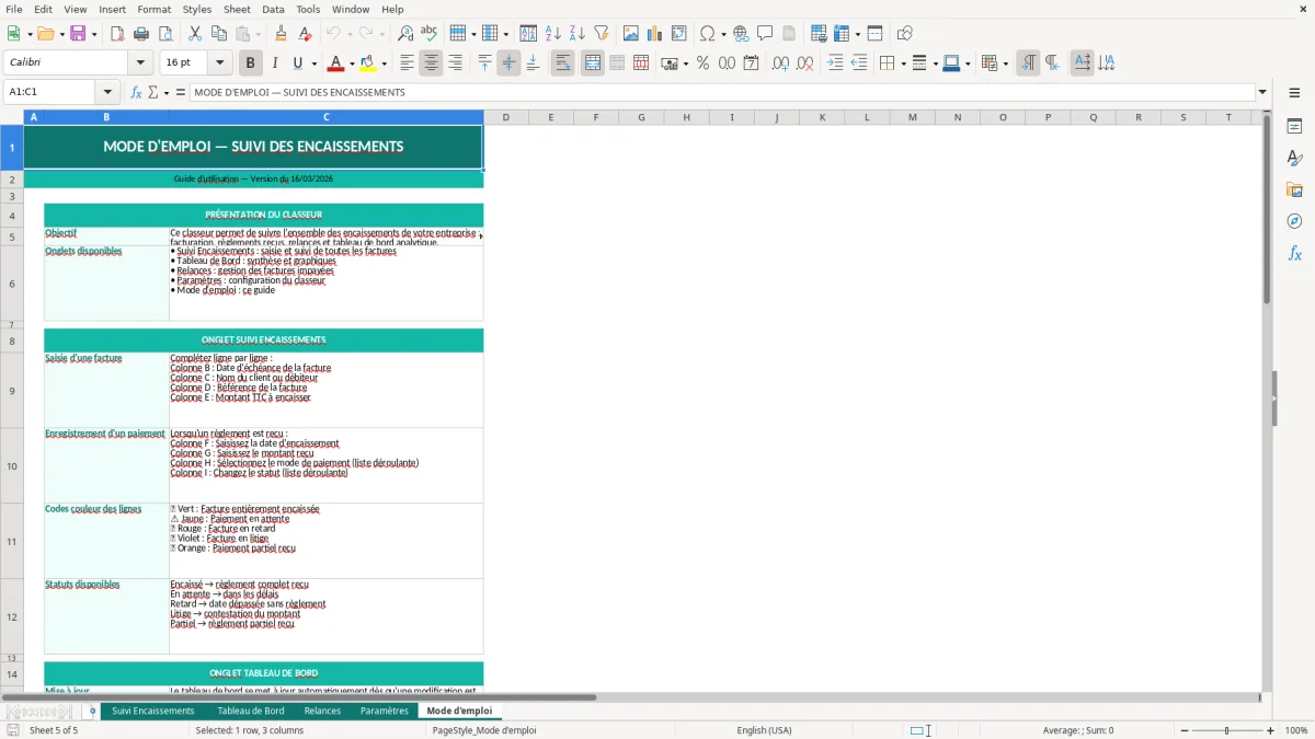 Capture d'écran 5 : Feuille Mode d'emploi - Modèle Excel suivi encaissements excel