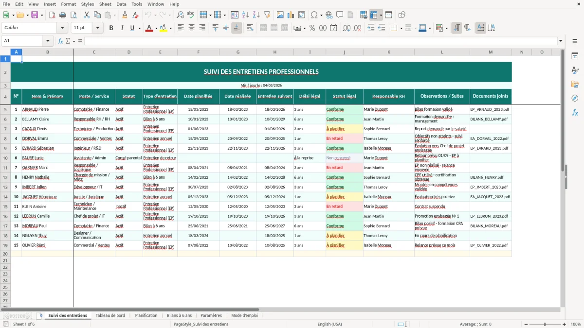 Capture d'écran 1 : Feuille Suivi des entretiens - Modèle Excel suivi entretiens professionnels excel