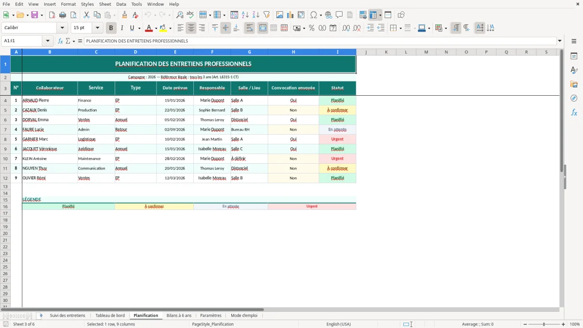 Capture d'écran 3 : Feuille Planification - Modèle Excel suivi entretiens professionnels excel