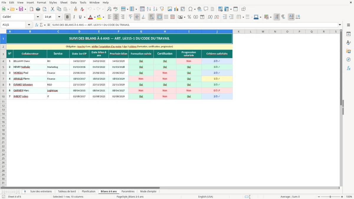 Capture d'écran 4 : Feuille Bilans à 6 ans - Modèle Excel suivi entretiens professionnels excel
