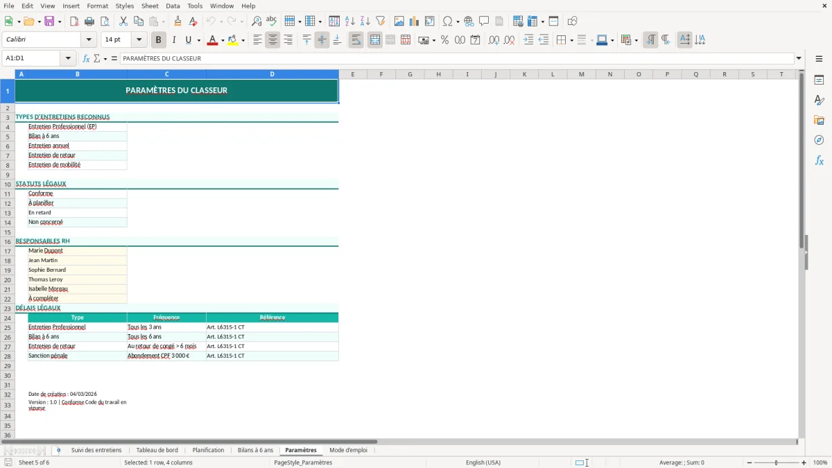 Capture d'écran 5 : Feuille Paramètres - Modèle Excel suivi entretiens professionnels excel