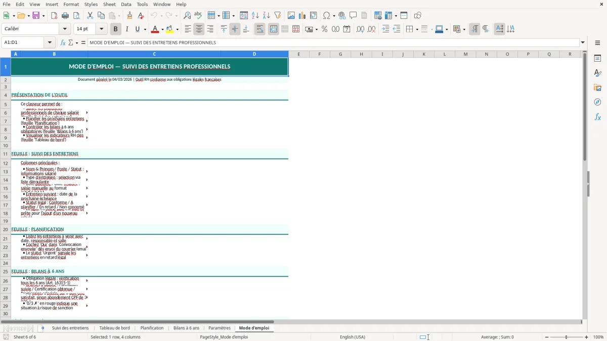 Capture d'écran 6 : Feuille Mode d'emploi - Modèle Excel suivi entretiens professionnels excel
