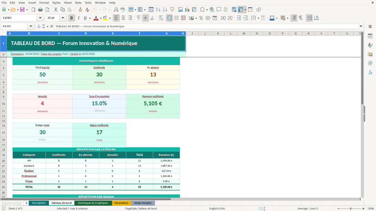 Capture d'écran 1 : Feuille Inscriptions - Modèle Excel suivi inscriptions événement excel