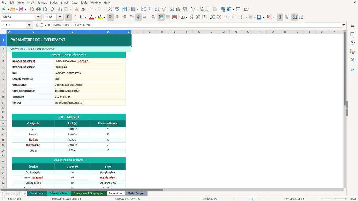 Capture d'écran 3 : Feuille Statistiques & Graphiques - Modèle Excel suivi inscriptions événement excel