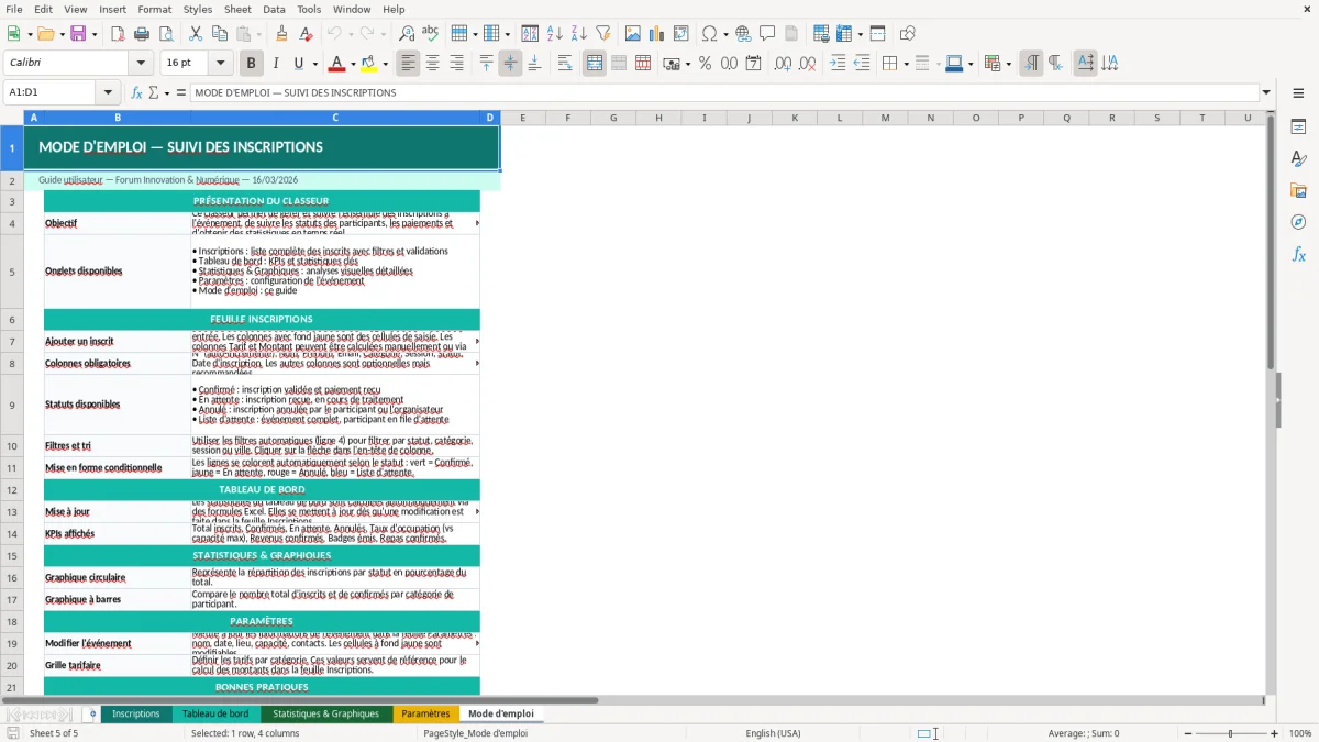 Capture d'écran 4 : Feuille Paramètres - Modèle Excel suivi inscriptions événement excel