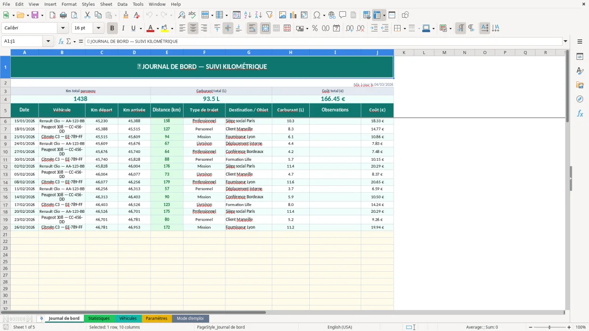 Capture d'écran 1 : Feuille Journal de bord - Modèle Excel suivi kilométrage véhicule excel