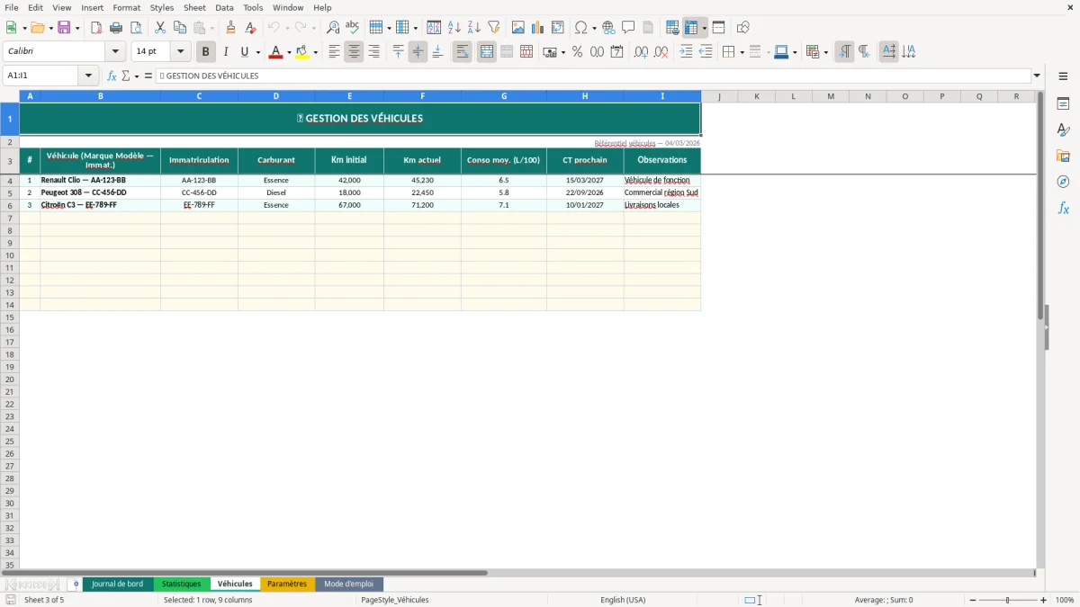 Capture d'écran 3 : Feuille Véhicules - Modèle Excel suivi kilométrage véhicule excel