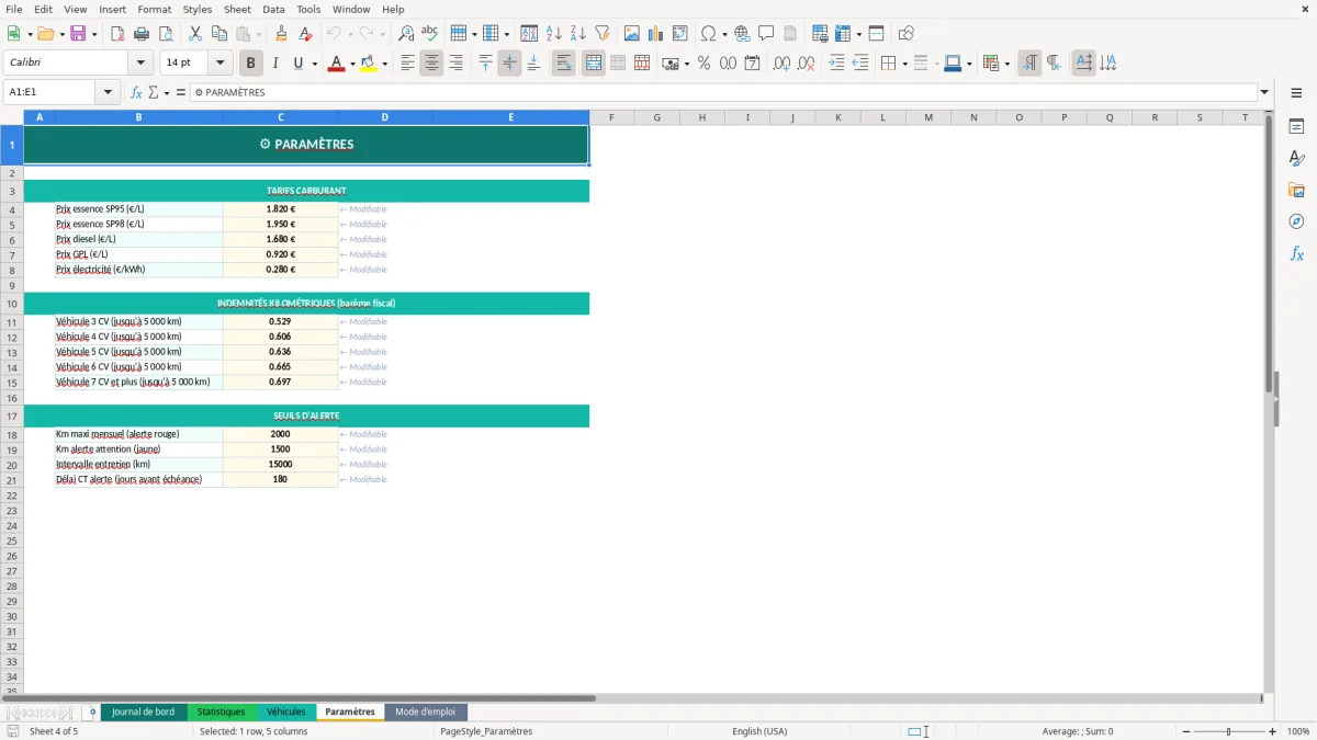 Capture d'écran 4 : Feuille Paramètres - Modèle Excel suivi kilométrage véhicule excel