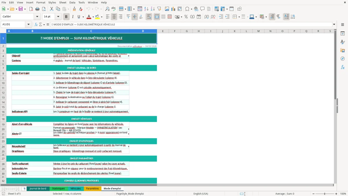Capture d'écran 5 : Feuille Mode d'emploi - Modèle Excel suivi kilométrage véhicule excel