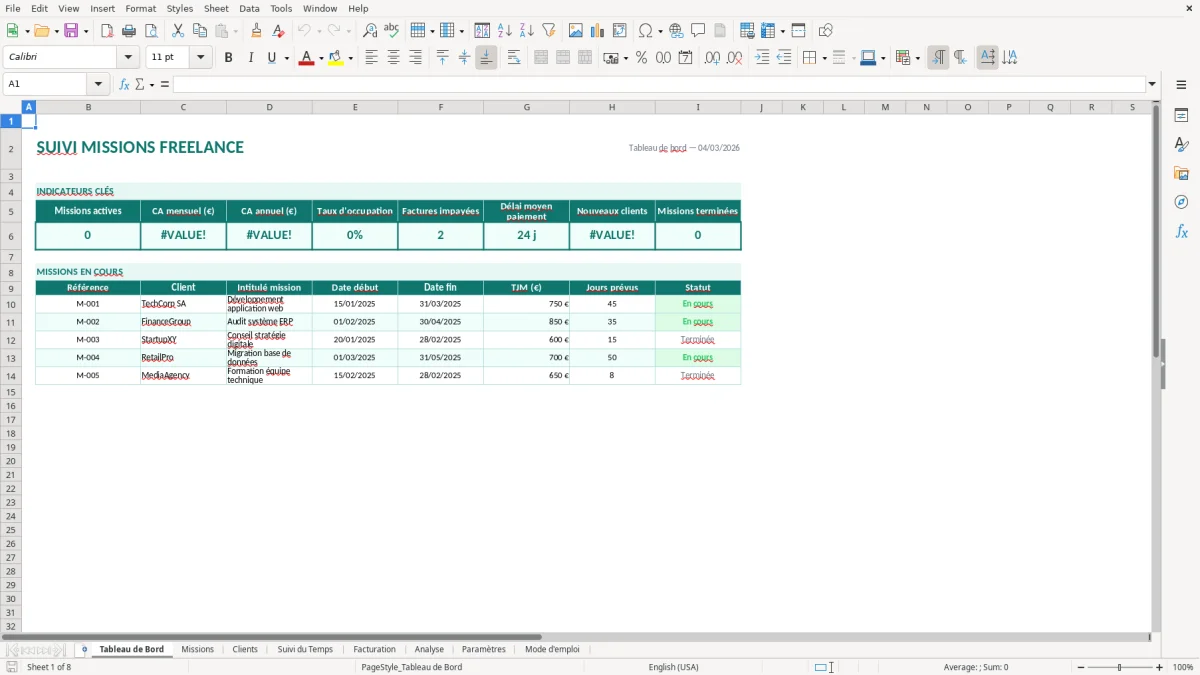 Capture d'écran 1 : Feuille Tableau de Bord - Modèle Excel suivi missions freelance excel