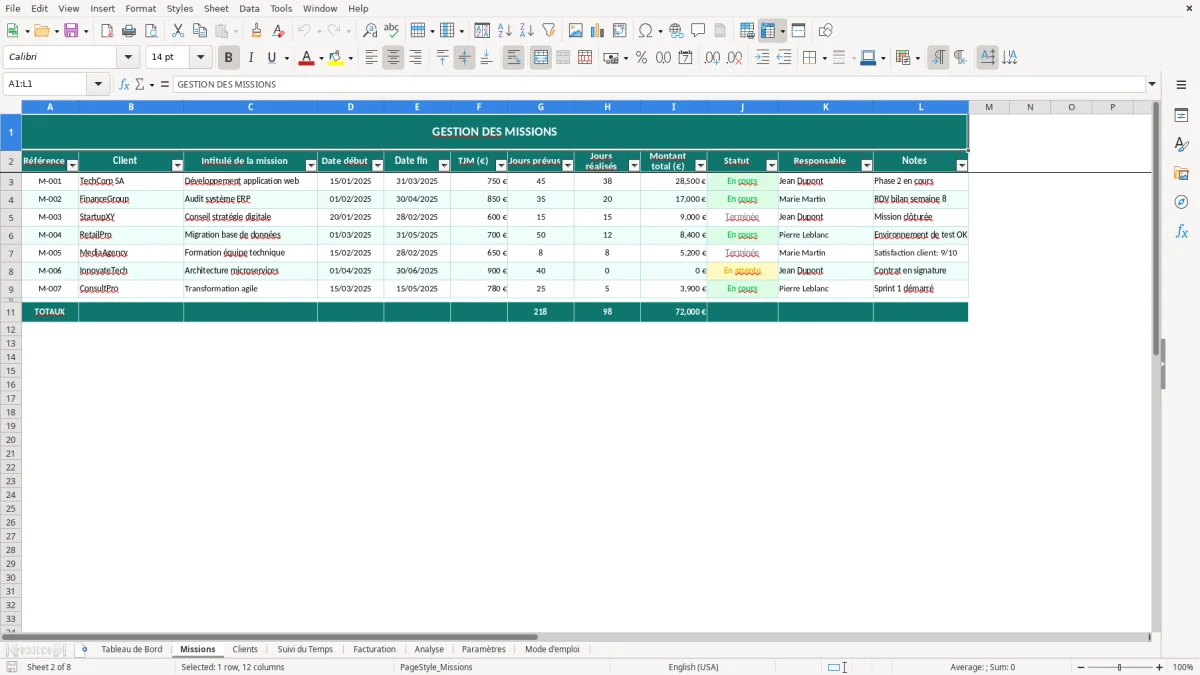 Capture d'écran 2 : Feuille Missions - Modèle Excel suivi missions freelance excel