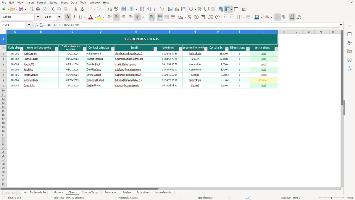 Capture d'écran 3 : Feuille Clients - Modèle Excel suivi missions freelance excel