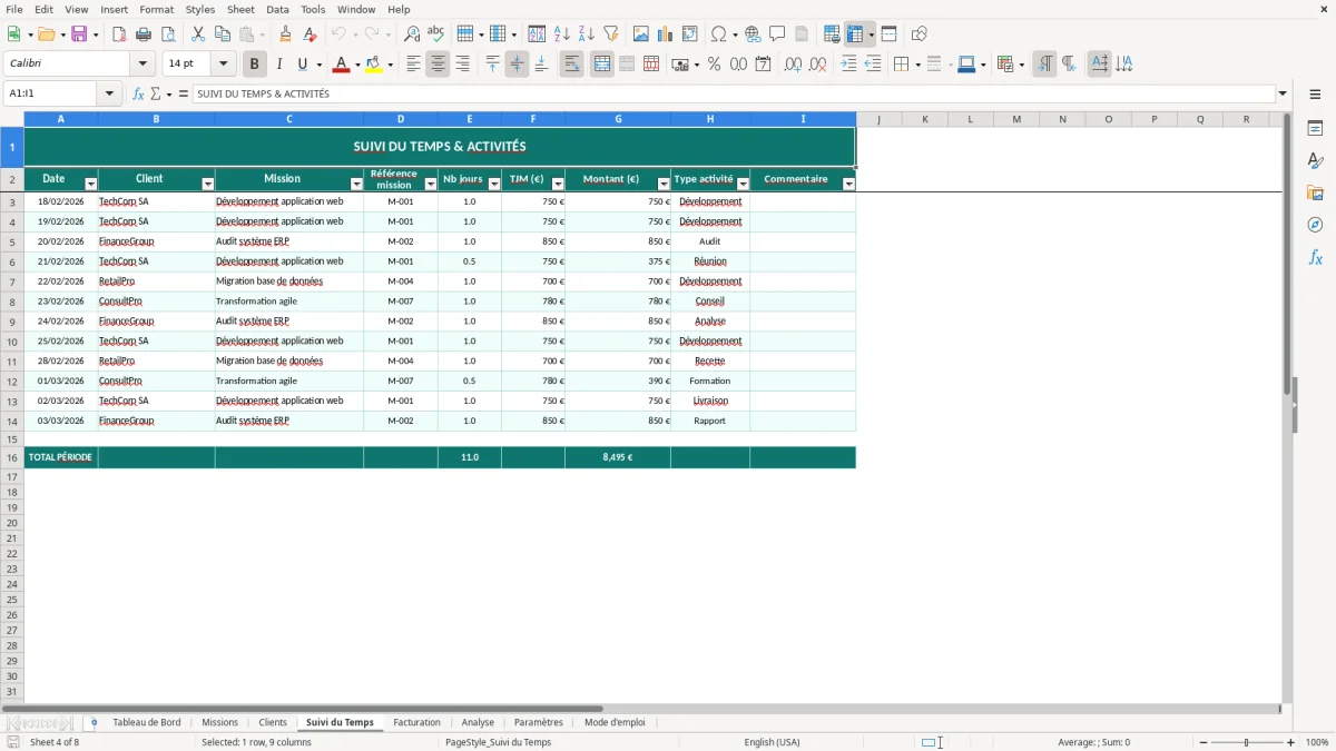Capture d'écran 4 : Feuille Suivi du Temps - Modèle Excel suivi missions freelance excel