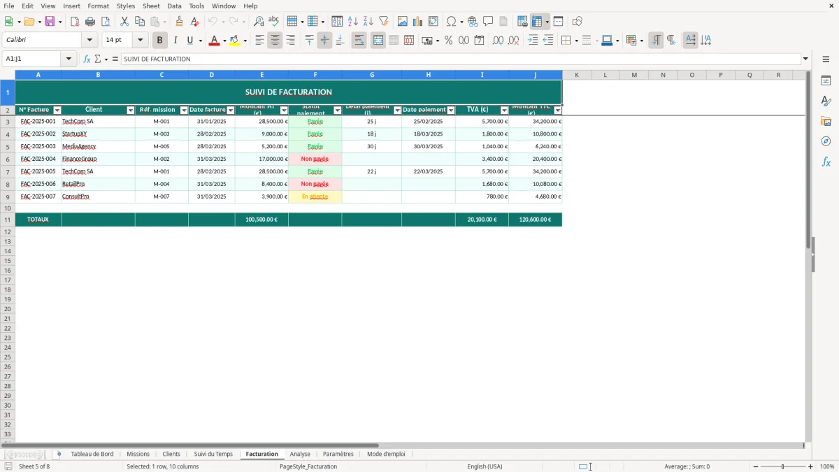 Capture d'écran 5 : Feuille Facturation - Modèle Excel suivi missions freelance excel