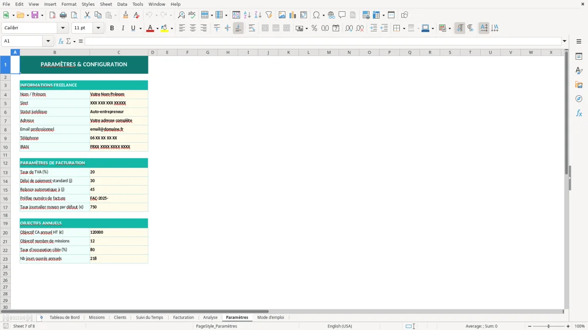 Capture d'écran 7 : Feuille Paramètres - Modèle Excel suivi missions freelance excel