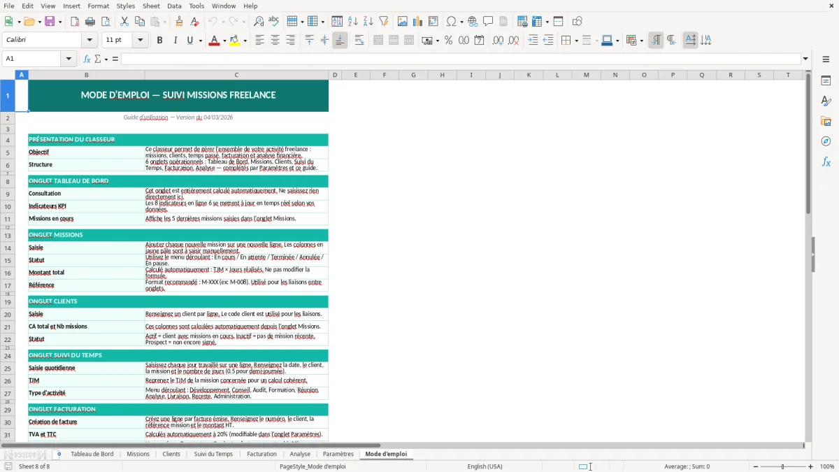 Capture d'écran 8 : Feuille Mode d'emploi - Modèle Excel suivi missions freelance excel