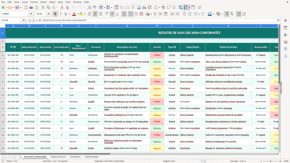 Capture d'écran 1 : Feuille Suivi Non-Conformités - Modèle Excel suivi non-conformités excel