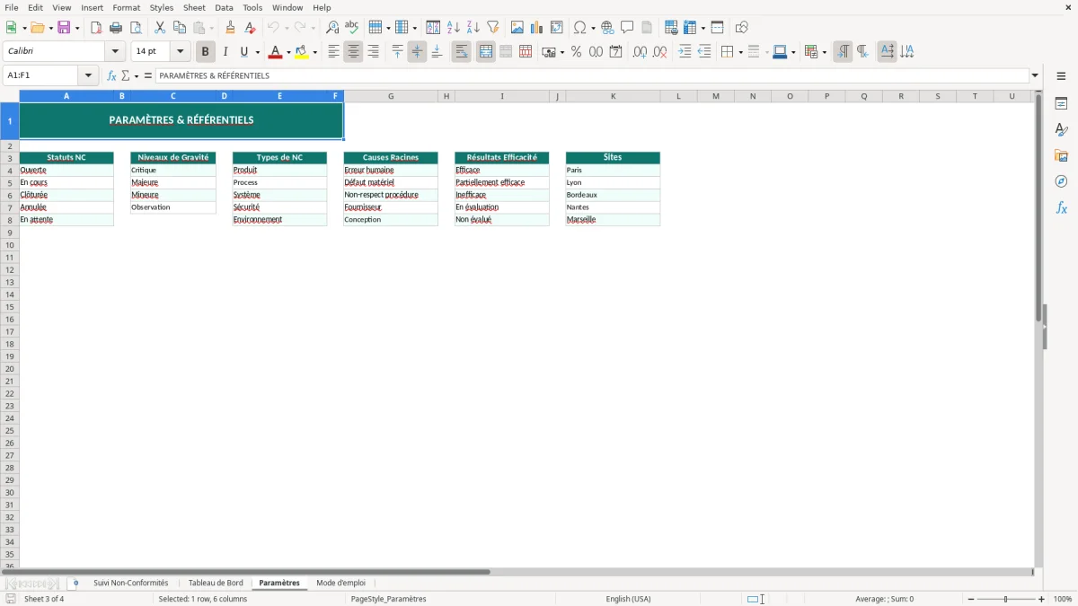 Capture d'écran 3 : Feuille Paramètres - Modèle Excel suivi non-conformités excel