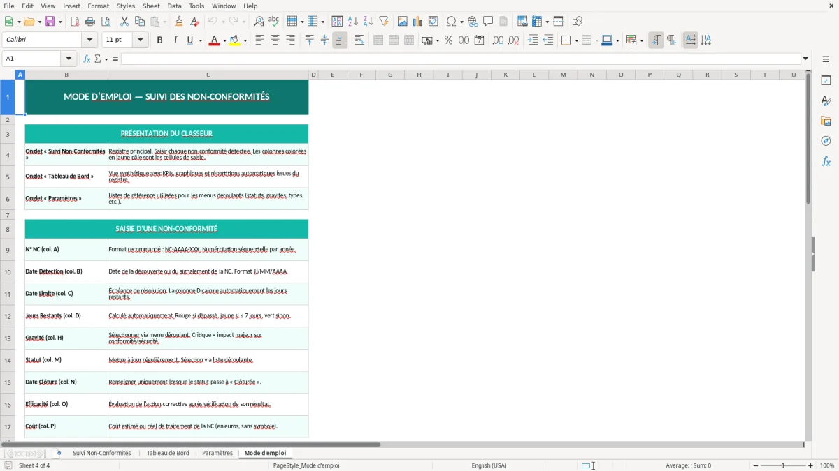 Capture d'écran 4 : Feuille Mode d'emploi - Modèle Excel suivi non-conformités excel